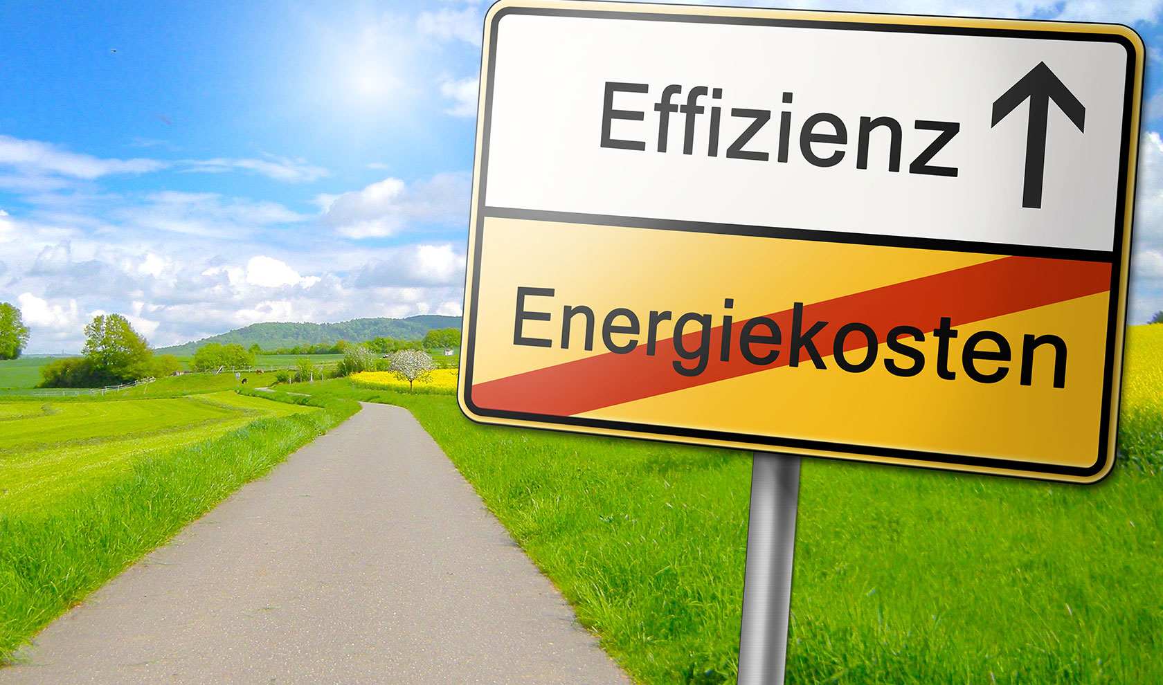 Efiizienz-Bannerbilder für Danfoss-Wärmetechnik, Ortsschild, Energierkosten durchgestrichen, Effizienz mit Pfeil voraus