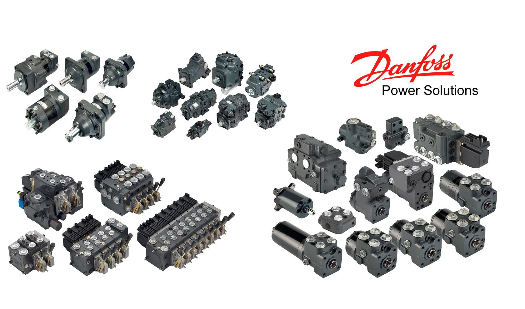 Frankonia Hydraulik Danfoss Power Solutions Produkt-Banner, PVGs, Orbital- und Axialkolbenmotoren, Lenkeinheiten, Gruppe, schwarz, mit Logo