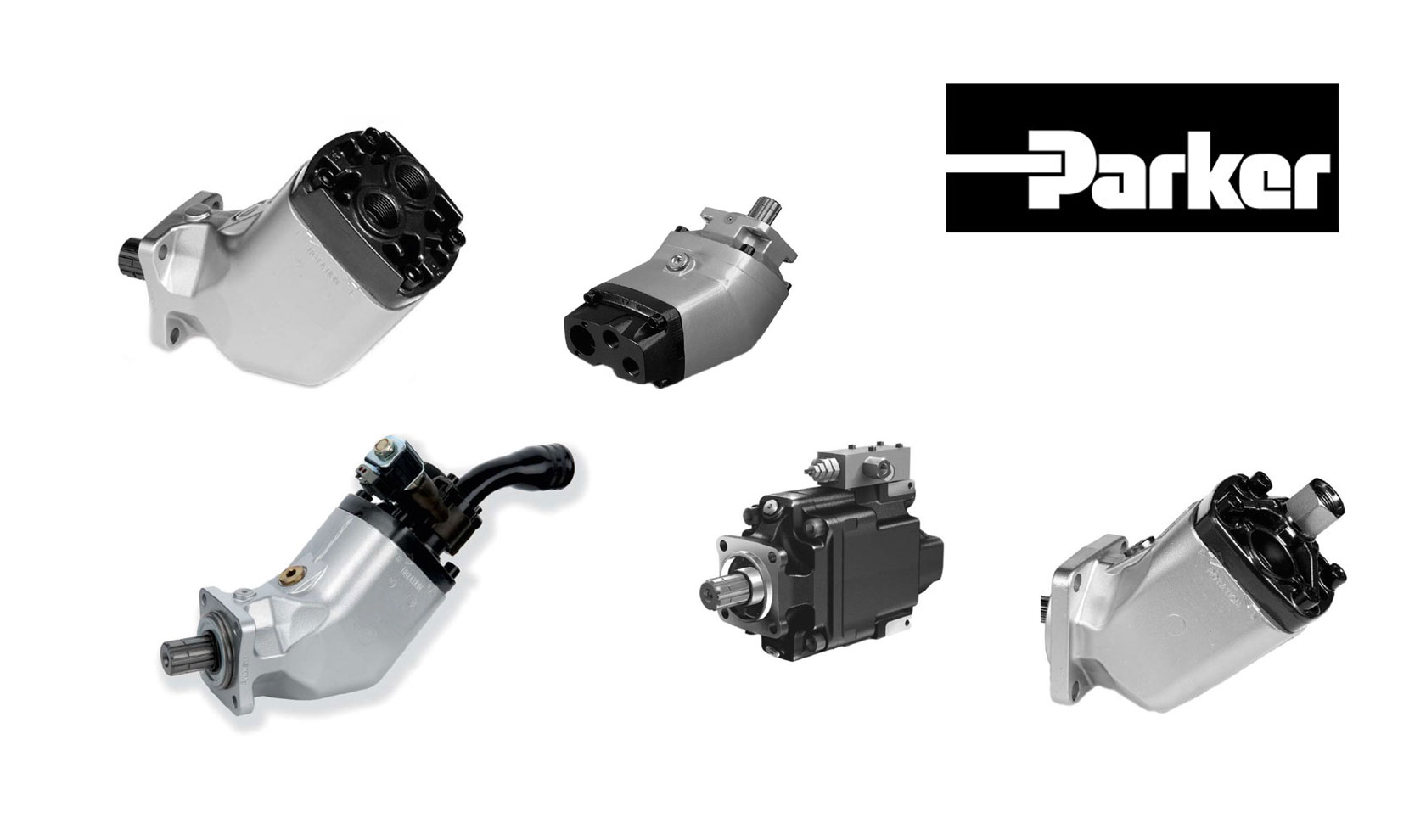 Frankonia Hydraulik Parker Produkt-Banner, verschiedene Motoren und Pumpen und Logo