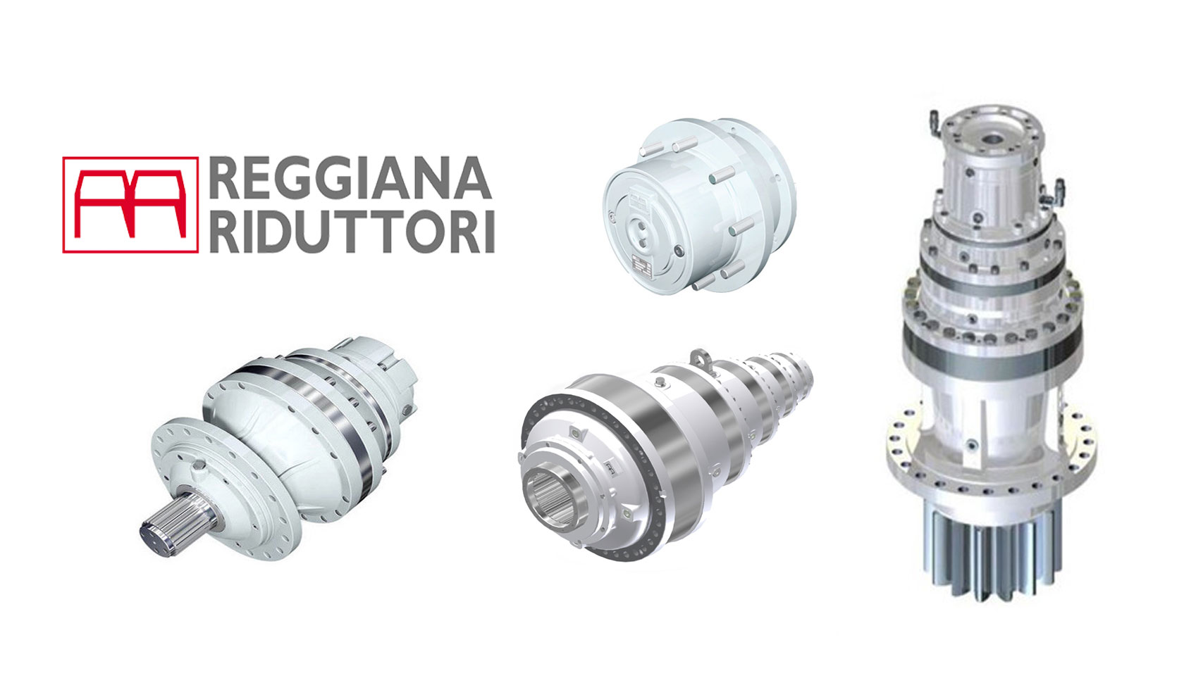 Frankonia Hydraulik Reggiana Riduttori Produkt-Banner, verschiedene Getriebe und Logo