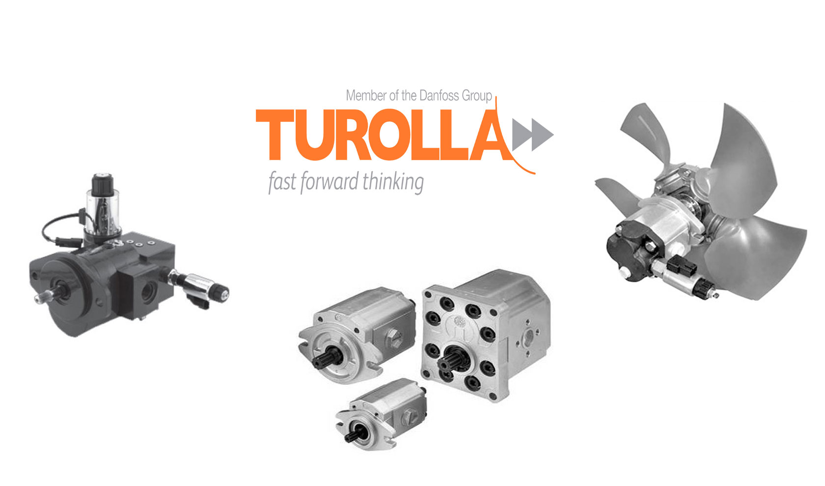 Frankonia Hydraulik Turolla Produkt-Banner, verschiedene Zahnradmotoren und Logo